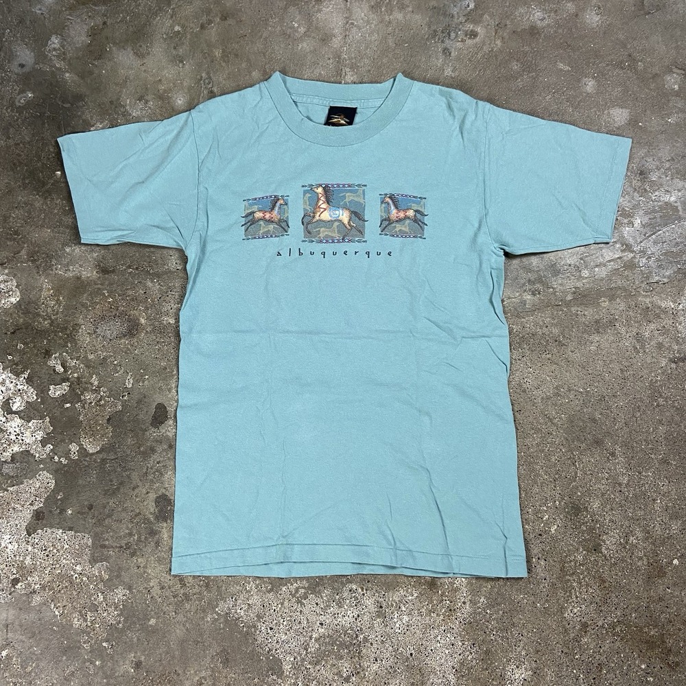 Vintage 90s Prairie Mountain Albuquerque T-Shirt Size Medium Blue Horse Graphic